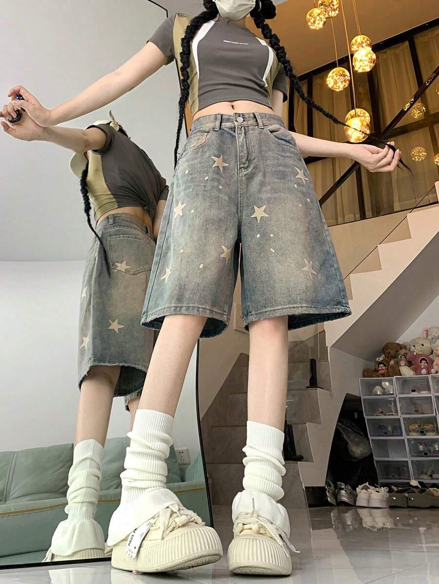 YCYC 美式復古牛仔 5 英吋女款街頭直筒寬腿修身顯瘦短褲 - 卡其色 - 查看 1
