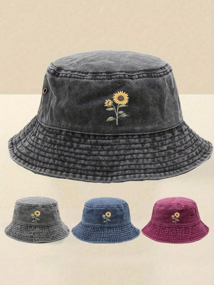 Sunflower Print Distressed Bucket Hat, Casual Outdoor Sun Protection Hat For Men And Women - Bucket Hat - View 1