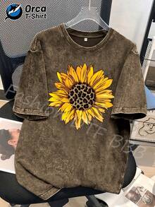 Women's T-Shirt With Leopard Print And Sunflower Design, Printed T-Shirt, High-Quality Washed Cotton Fashion T-Shirt, Unisex T-Shirt, Popular For Daily Wear, Suitable As A Gift For Family And Friends On Occasions Such As Easter, Mother's Day, Independence Day, Etc. Casual. - 咖啡色 - 查看 12