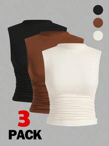 3 piezas Tops sin mangas plisados, tops sin mangas casuales de cuello plano para mujer, gran valor en paquete de 3, para el verano - Multicolor 3 - Ver 3