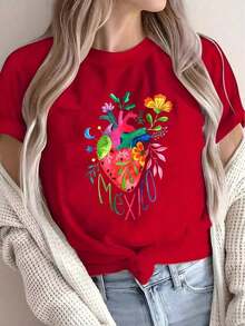 Gift: Soft Cotton T-Shirt For Plus-Size Women With Colorful Mexican Heart Print, Travel Lover Gift, Valentine's Day Outfit,  Summer Dresses, Casual, Perfect For All Seasons, S M L XL - Ideal For Summer. - 紅色的 - 查看 7
