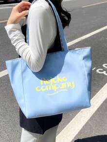 Bolso de mano estilo coreano con estampado de letras, versátil para uso diario, bolso de hombro de gran capacidad y doble cara para ir al trabajo para mujeres - Azul - Ver 12