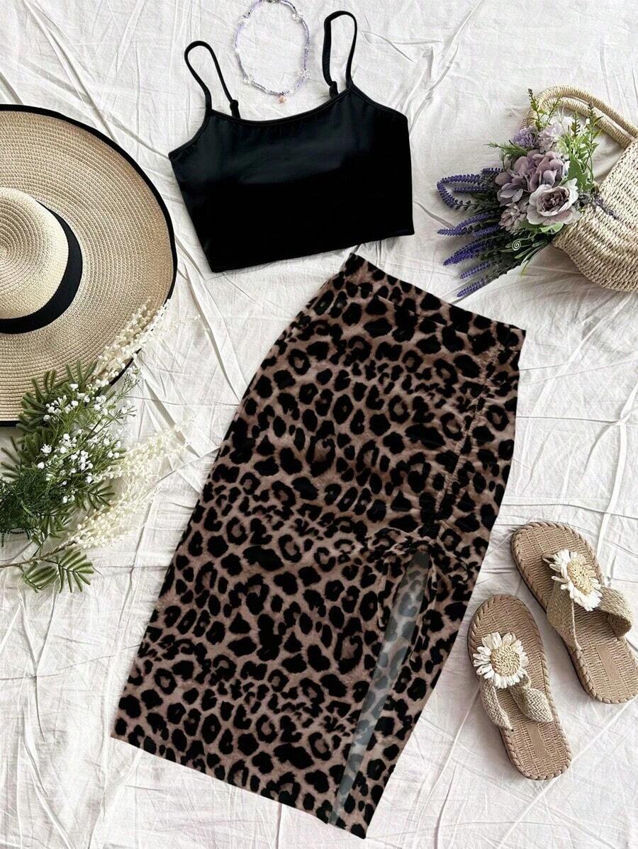Conjunto de 2 piezas de top de tirantes con estampado floral y falda midi con lazo fruncido en la cintura, adecuado para verano, vacaciones y atuendo de playa - Multicolor 2 - Ver 1