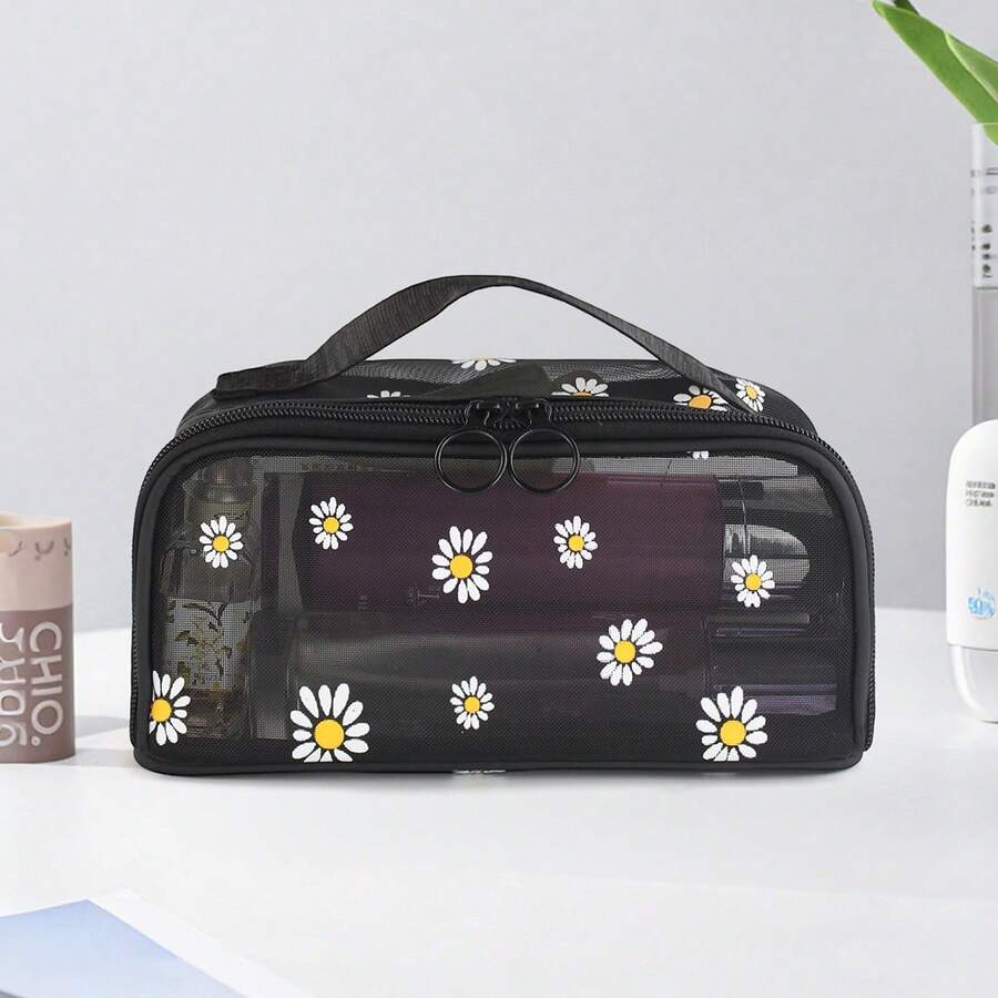 1个极简网眼雏菊印花化妆包，适合女性旅行收纳化妆品。
