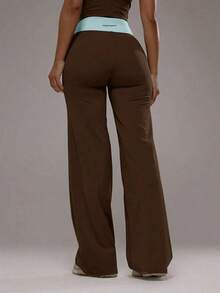 Sport Pantalones de yoga con cintura cruzada y capas, conjunto deportivo solo para actividad, entrenamiento, gimnasio, pilates, fitness, uso diario casual, cuarzo ahumado, verano, vacaciones - Marrón Chocolate - Ver 4