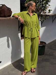 Conjunto de 2 piezas para mujer, unicolor, blusa casual holgada con cuello vuelto y cordón, manga 7/8 + pantalones de pierna ancha con cintura elástica, para verano - Verde Oliva - Ver 3