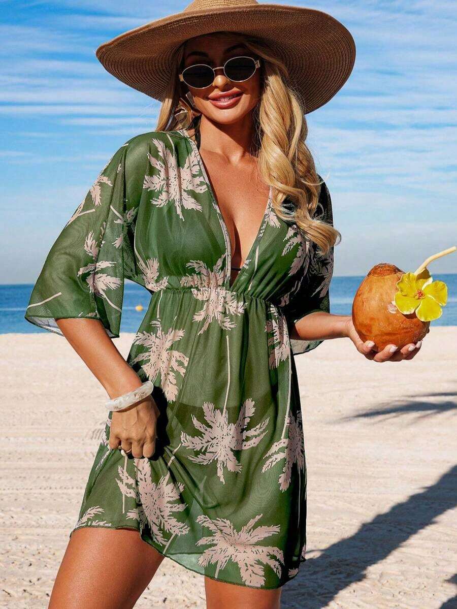 Vestido de playa Swim Lushore para mujer, primavera/verano, estampado floral, cintura ceñida, manga 3/4, cuello en V, vestido de vacaciones con pareo, pareo de playa marrón, ropa de playa para mujer, vestido Zanea para mujer. - Verde - Ver 1