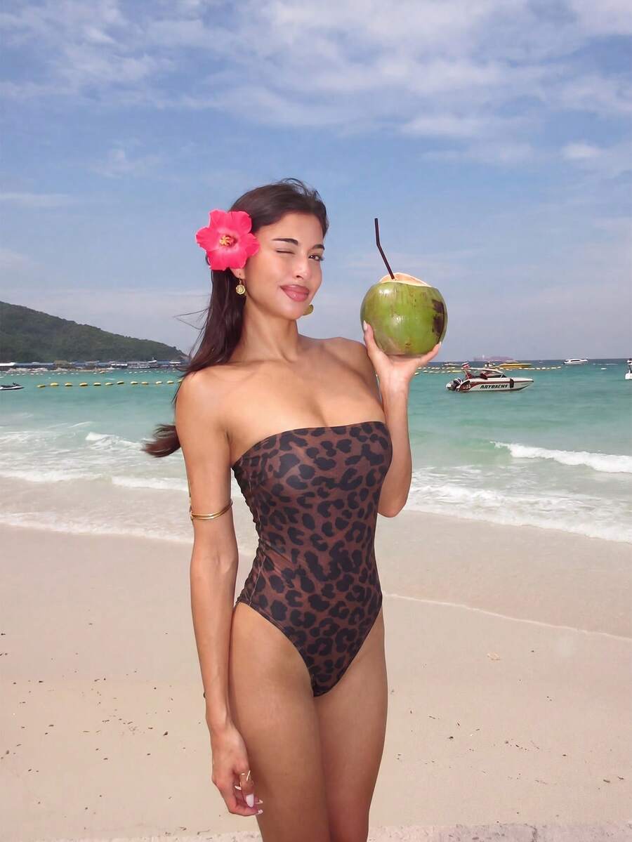 女士棕色豹纹无肩带抹胸连体泳衣，性感优雅高腰修身泳装，柔软透气，适合海滩、泳池、派对、约会、度假等场合。 - 彩色 - 查看 1