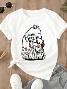 Playeras de Mujer, Camiseta de Cuello Redondo Blanca con Estampado de Mamá Oso con Bebé Oso y Flores, Ropa Casual para Mujeres y Regalo para el Día de la Madre - Blanco - Ver 3