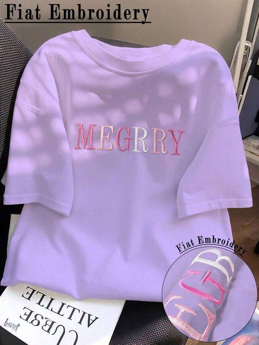 Camiseta ajustada de casual de manga corta y cuello redondo con bordado de letras para mujer de verano - Morado - Ver 1