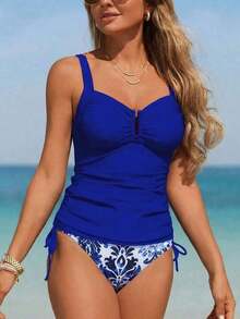 Swim Lushoire 2 piezas Traje de baño tipo tankini para mujer, torso fruncido con acabado en forma de U y estampado floral, casual y cómodo para nadar de vacaciones - Azul - Ver 5