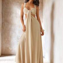 Haute Elegant & Sexy Solid Color Backless Dress - Verde grisáceo - Ver 4