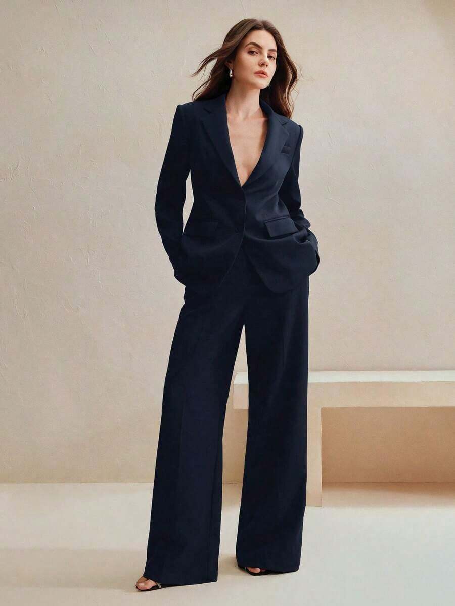 Conjunto de traje de mujer, blazer de unicolor estilo vintage + pantalones rectos, 2 piezas - Azul marino - Ver 1