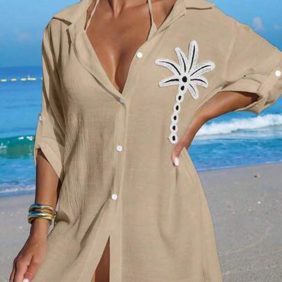 Swim Vcay Women's White Coconut Tree Button Casual Vacation Beach Kimono Cover Up - Caqui - Ver 1