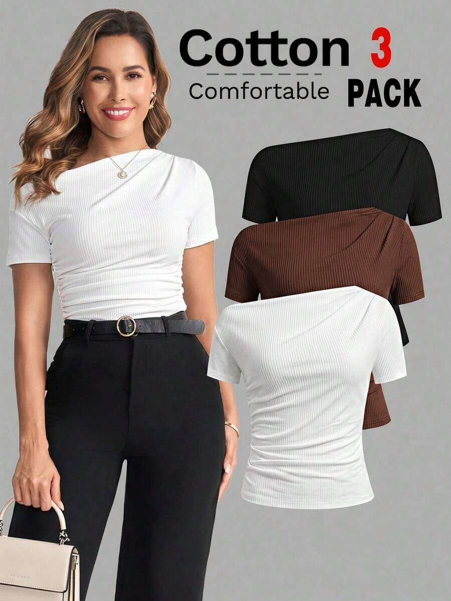 Camiseta de moda de manga corta con hombros oblicuos y ajustada de unicolor para mujer, verano - Multicolor 3 - Ver 1