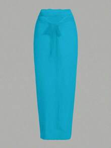 Conjunto de traje de baño de una pieza sin mangas de unicolor con falda pareo para mujer - Azul 2 - Ver 4