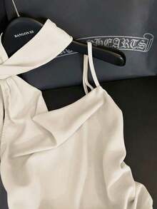 Blusa de tirantes asimétrica plisada en la cintura de unicolor, elegante y casual, ideal para primavera/verano, paseos, vacaciones, tardes de té, San Valentín, bodas y fiestas - Albaricoque - Ver 4