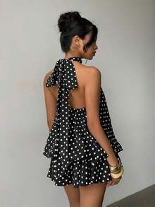 Vestido mini elegante de mujer con estampado de lunares y escote halter sin espalda - Negro - Ver 2