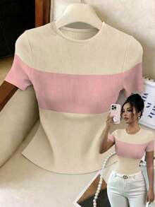 Camiseta de manga corta de tela texturizada para uso diario y casual de mujer, verano - Multicolor 2 - Ver 3