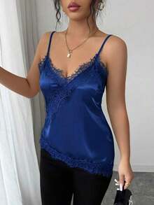 Camiseta de mujer elegante con parches de encaje y lunares - Azul - Ver 6