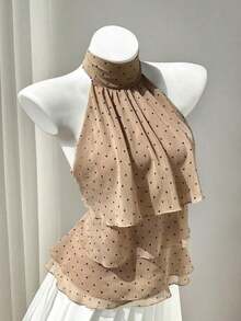 Camisa de mujer con volantes y estampado de lunares, con lazo a la cintura, estilo casual y de vacaciones, ajuste favorecedor, adecuada para la playa - Caqui - Ver 8