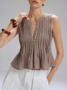 Primavera/Verano Nueva Blusa de Lino sin Mangas con Cintura Plisada para Mujer, Minimalista Casual, Estilo Vacacional, Marrón - Marrón - Ver 7