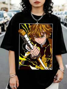 Demonsss Slayersss Zenitsus Agatsuma Thunder Breath Graphic T-Shirt, Streetwear Style For Anime Fans - Black - View 1