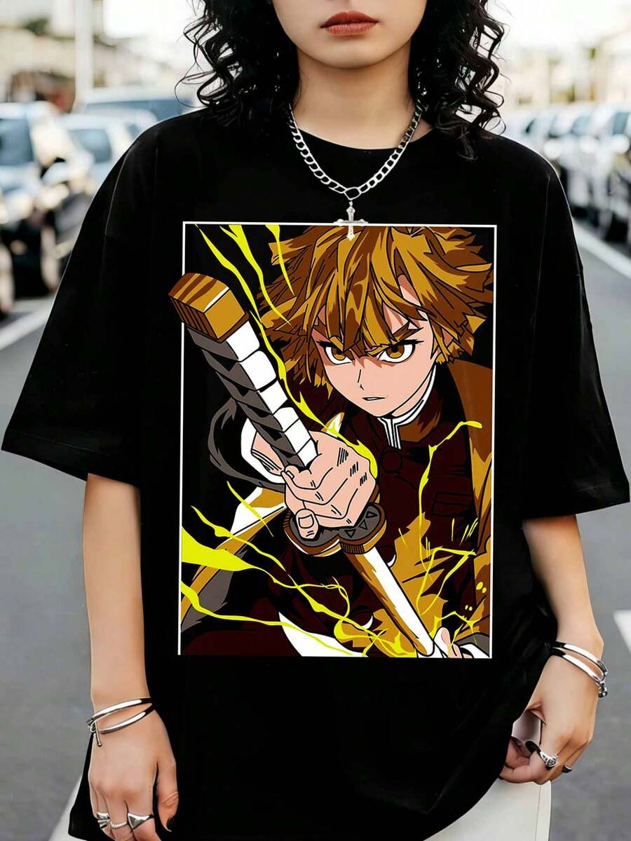 Demonsss Slayersss Zenitsus Agatsuma Thunder Breath Graphic T-Shirt, Streetwear Style For Anime Fans - Black - View 1