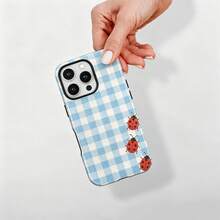 Ốp điện thoại họa tiết bọ rùa kẻ caro cổ điển dễ thương cho iPhone 17 Pro Max, 16e, 15 Pro, 14 Plus, 13, 12, 11 Pro Max - Màu xanh nhạt - Xem 4