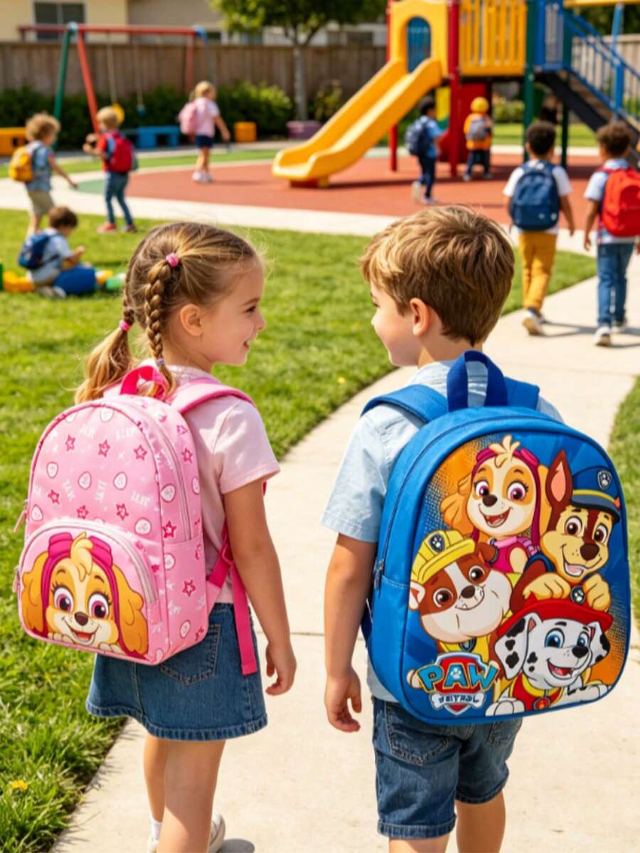 (Autorizado) PAW Patrol 1 pieza Mochila mini de poliéster con patrón de dibujos animados colorido y lindo, con patrones de Skye y Chase, con correas ajustables para los hombros, transpirable, duradera, ligera - A - Ver 1