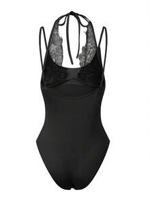 Women's Tight Thong Bodysuit Elegant Lace Patchwork Sleeveless Spaghetti Strap Backless Romper - Negro - Ver 7