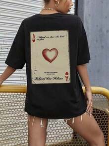 1 pieza de camiseta de verano para mujer, holgada, de cuello redondo y manga corta, con estampado en inglés de "Spade A Playing Card" y corazón, valiente, intrépida, adecuada para vacaciones, oficina, salidas, uso diario, citas, fiestas, reuniones, ropa de calle. - Negro - Ver 2