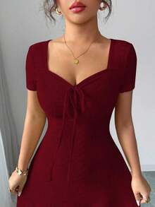 Nuevo vestido de verano con cuello cuadrado, cordón y lunares, con falda acampanada y cintura ceñida, vestido corto elegante para mujeres - Burdeos - Ver 2
