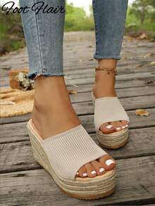 Foot Flair 女士米色编织带凉鞋，夏季厚底坡跟绳底编织鞋，轻便度假波西米亚风厚底户外凉鞋 - 米色 - 查看 3