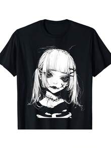 Short-Sleeved, Crew-Neck T-Shirt With A Casual, Text-Print Design For Men And Women. Featuring A Gothic, Anime, Manga, Horror, And Artistic Character Aesthetic In A Harajuku Style. An Affordable, Printed Garment Perfect For Everyday Wear And A Great Gift For Fans And Friends, Especially For Easter Sunday Or Good Friday. - 黑色 - 查看 1