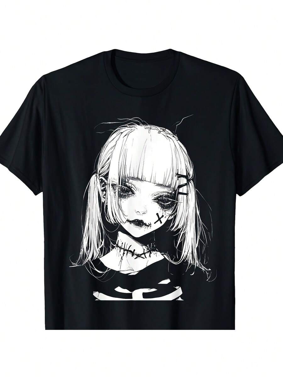 Short-Sleeved, Crew-Neck T-Shirt With A Casual, Text-Print Design For Men And Women. Featuring A Gothic, Anime, Manga, Horror, And Artistic Character Aesthetic In A Harajuku Style. An Affordable, Printed Garment Perfect For Everyday Wear And A Great Gift For Fans And Friends, Especially For Easter Sunday Or Good Friday. - 黑色 - 查看 1