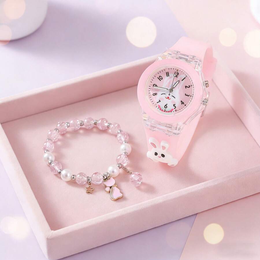 Bộ 2 đồng hồ phát sáng cho bé gái - Đồng hồ thạch anh phát sáng hình thỏ và đồng hồ dây hạt hình mèo (Không hộp), thích hợp cho mùa tựu trường. - Hồng - Xem 1