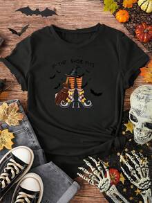 Elegante bruja zapatos carta impresión casual cuello de la tripulación de las mujeres camiseta | Estilo vintage, tejido elástico medio, opciones multicolor S-Xxl para la primavera / verano / otoño, para Halloween - Negro - Ver 2