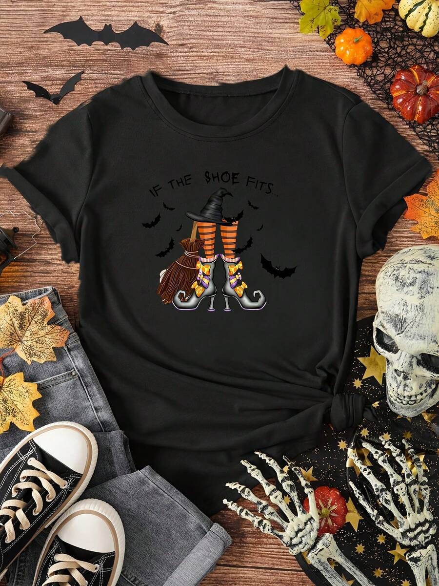 Elegante bruja zapatos carta impresión casual cuello de la tripulación de las mujeres camiseta | Estilo vintage, tejido elástico medio, opciones multicolor S-Xxl para la primavera / verano / otoño, para Halloween