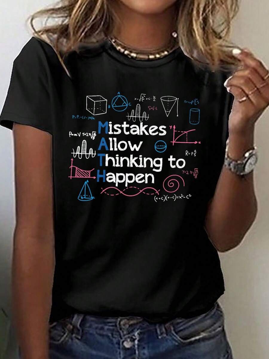 Camiseta con estampado de matemáticas, top casual de manga corta y cuello redondo, ropa de primavera/verano para mujer. - Negro - Ver 1