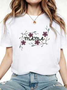 Mama Floral Vine Print Womens Tshirt Mothers Day Family Moment Top Gentle Delicate Style Manga corta Familia Vibe Tee - Blanco - Ver 2