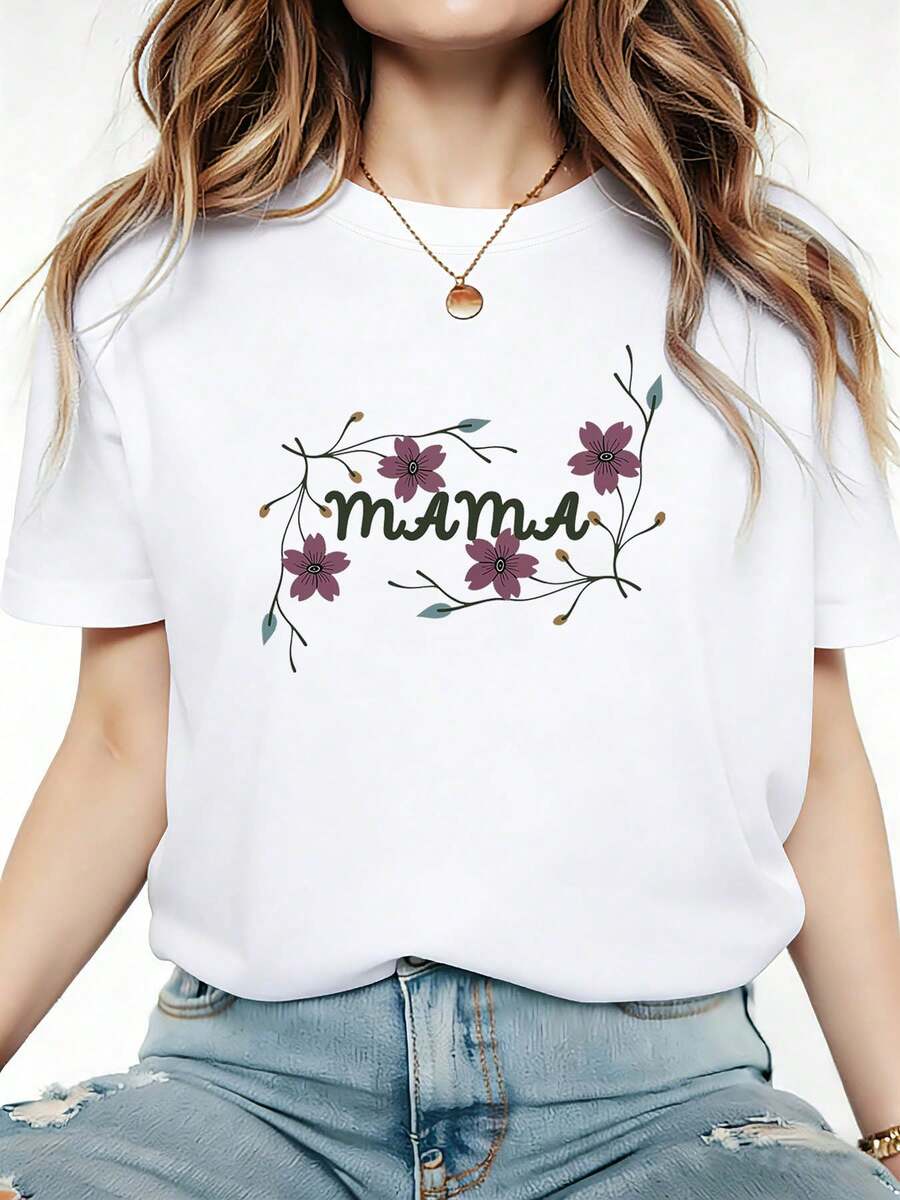 Mama Floral Vine Print Womens Tshirt Mothers Day Family Moment Top Gentle Delicate Style Manga corta Familia Vibe Tee