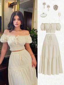 Nuevo conjunto de 2 piezas para mujer con blusa de hombros descubiertos y mangas abullonadas, con lazo en la cintura y falda A-line recogida, ideal para vacaciones, casual, moda joven, versátil y elegante - Albaricoque - Ver 1