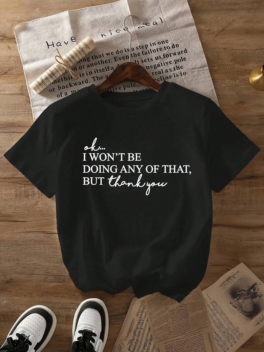 Women's Casual T-Shirt 180g Cotton Plus Size, Modern And Creative Style, Printed, Loose Fit, Suitable For All Seasons, Made Of High-Quality Thick Cotton, Short-Sleeved, Printed, Suitable For Outdoor Activities, All-Season Clothing. - Black - View 1