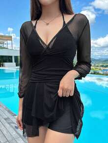 Traje de baño de una pieza de manga larga de unicolor y de moda para vacaciones de verano - Negro - Ver 3
