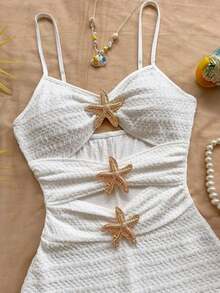 Camiseta sin mangas y pantalón corto casual de verano para mujer con decoración de estrella de mar calada - Blanco - Ver 3