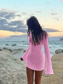 Vestido corto de punto transparente con espalda descubierta y diseño calado, para playa y vacaciones, de unicolor y manga larga, para primavera/verano - Rosa Pálido - Ver 4