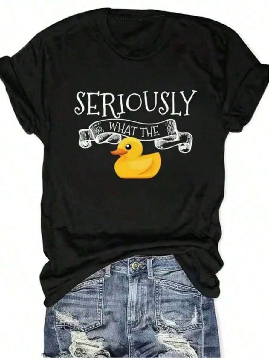 1 Piece Of Women's Casual Short-Sleeved T-Shirt With A Fun Rubber Duck Print And The Slogan "SERIOUSLY". Printed T-Shirt With Text Pattern. 180g 100% Cotton. - 1-1 - 查看 1