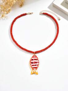 1pc Bohemian Style Handmade Beaded Red Necklace With Handpainted Fish Pendant, Exaggerated Personalized Creative Handmade Colorful Beaded Fish Necklace, Suitable For Women's Daily, Vacation, Party Wear - Red - View 3