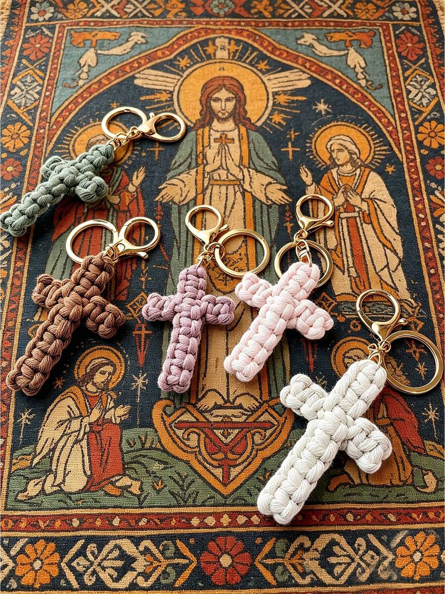 1pc/2pcs Handmade Woven Cross Keychain, Jesus Cross Keychain, Christian Car Key Chain, Bag Charm, Bohemian Soft Cross Keyring, Gift For Women Men, Holiday Decor, Birthday Gift, Couple Gift, Wedding Favor, Party Giveaway, Friend Gift - Multicolor - View 1